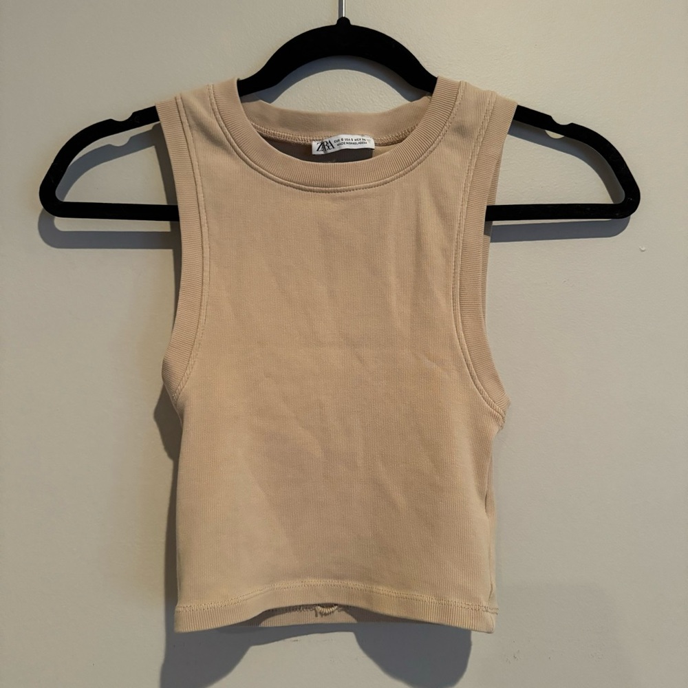 SOLD Zara Neutral Tan Sleeveless Basic Crop Top Tank Small